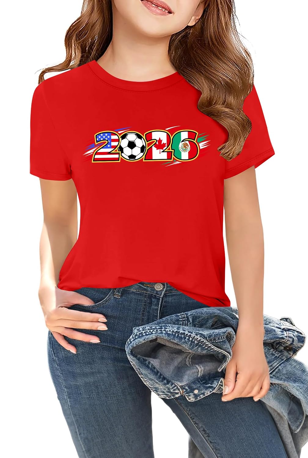 Kids Soccer T-Shirt USA Canada Mexico Flags Graphic Short Sleeve Tee