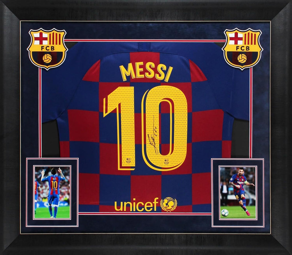 Barcelona FC Messi Signed Red Framed Soccer Jersey - Autographed Cloth