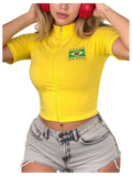 Women's Brazil Soccer Jersey Zip Up Crop Top Short Sleeve Summer Tee