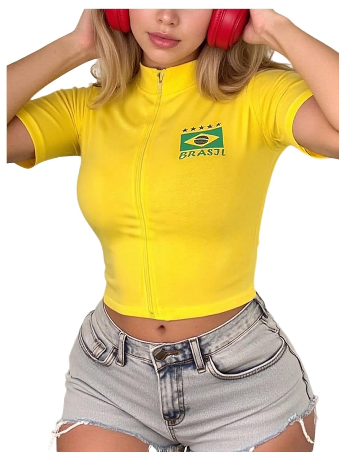 Women's Brazil Soccer Jersey Zip Up Crop Top Short Sleeve Summer Tee