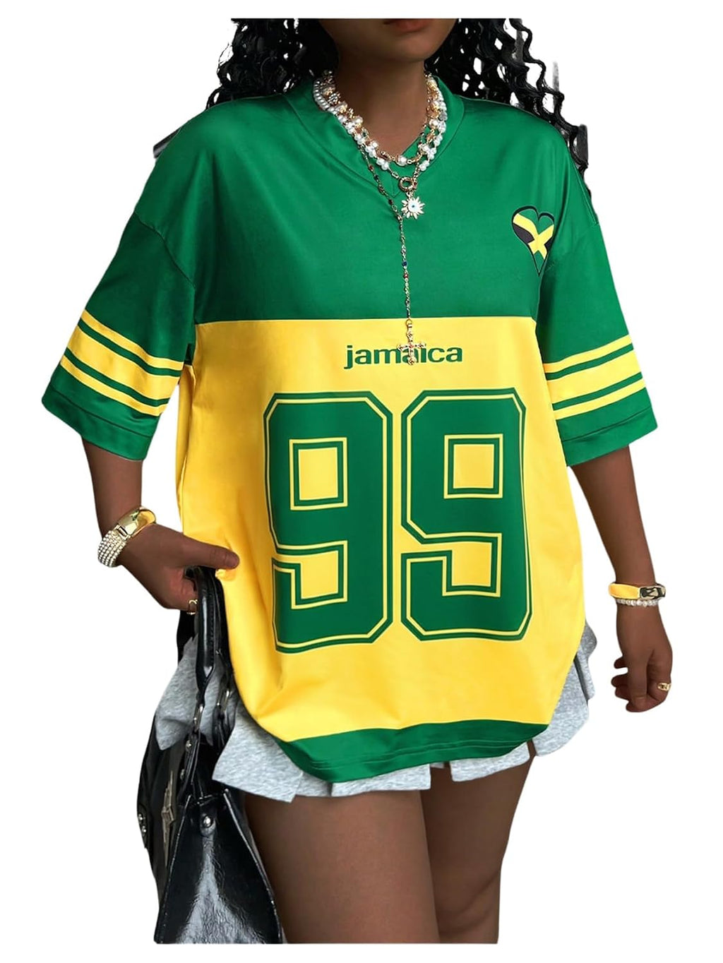 Women's Y2K Jamaica Soccer Jersey Graphic Tee V-Neck Half Sleeve Oversized Summer Top