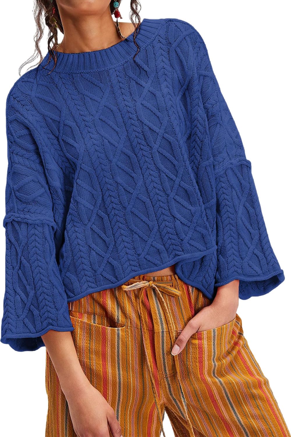 Women's Cropped Cable Knit Sweater Oversized Long Sleeve Pullover