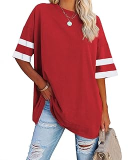 Women's Oversized Color Block Cotton Tunic Tops Half Sleeve Crew Neck