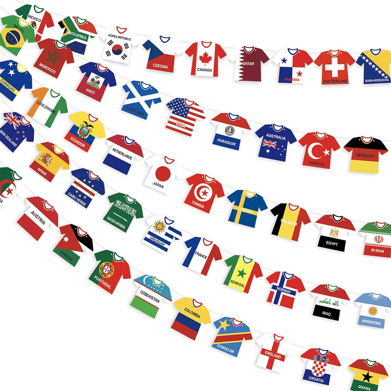 World Soccer Banner Jersey Flags - 48 Teams Double Sided, Pre-tied Cloth Decor