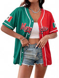 Mexico Soccer Jersey for Women - Mexican Flag Graphic Tee, Short Sleeve Button Down Top