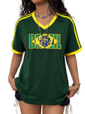 Brazil Soccer Jersey Y2K V-Neck Short Sleeve Tee for Women