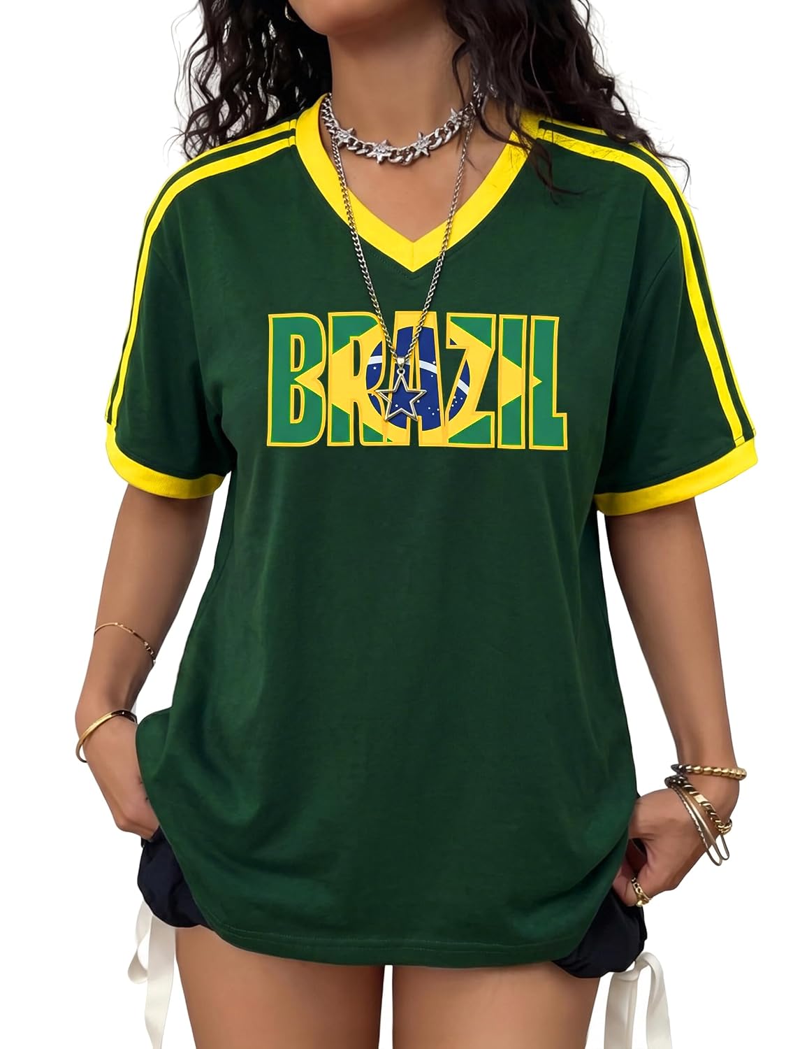 Brazil Soccer Jersey Y2K V-Neck Short Sleeve Tee for Women