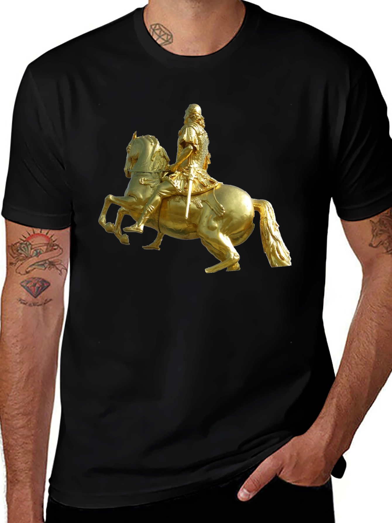 Equestrian Statue Graphic Tee - Black Cotton Shirt