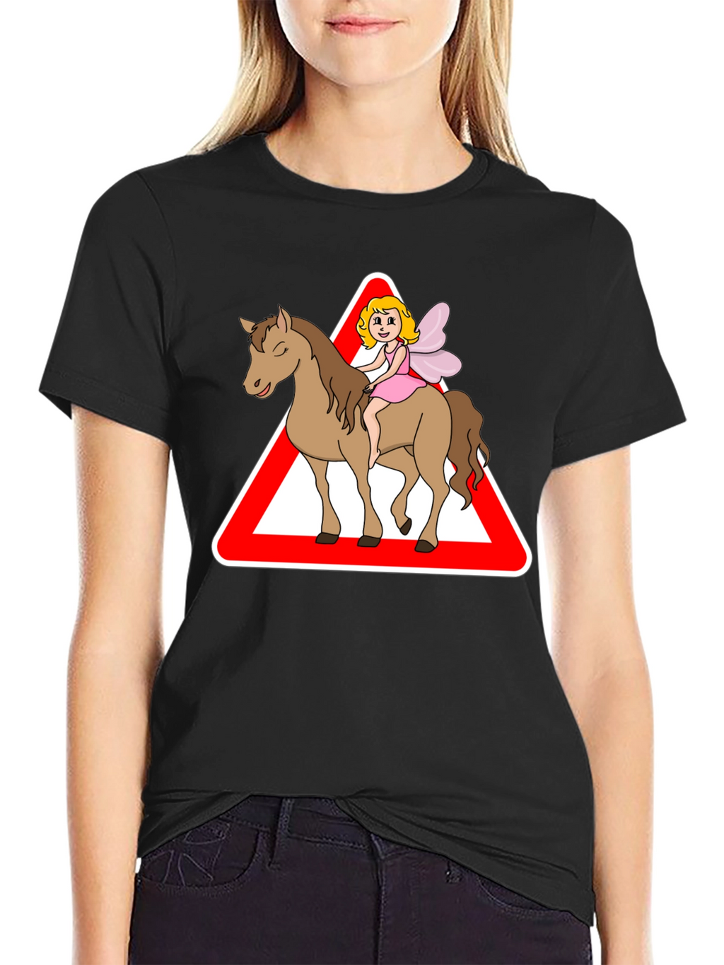 Fairy Riding Horse T-Shirt: Cartoon Triangle Design