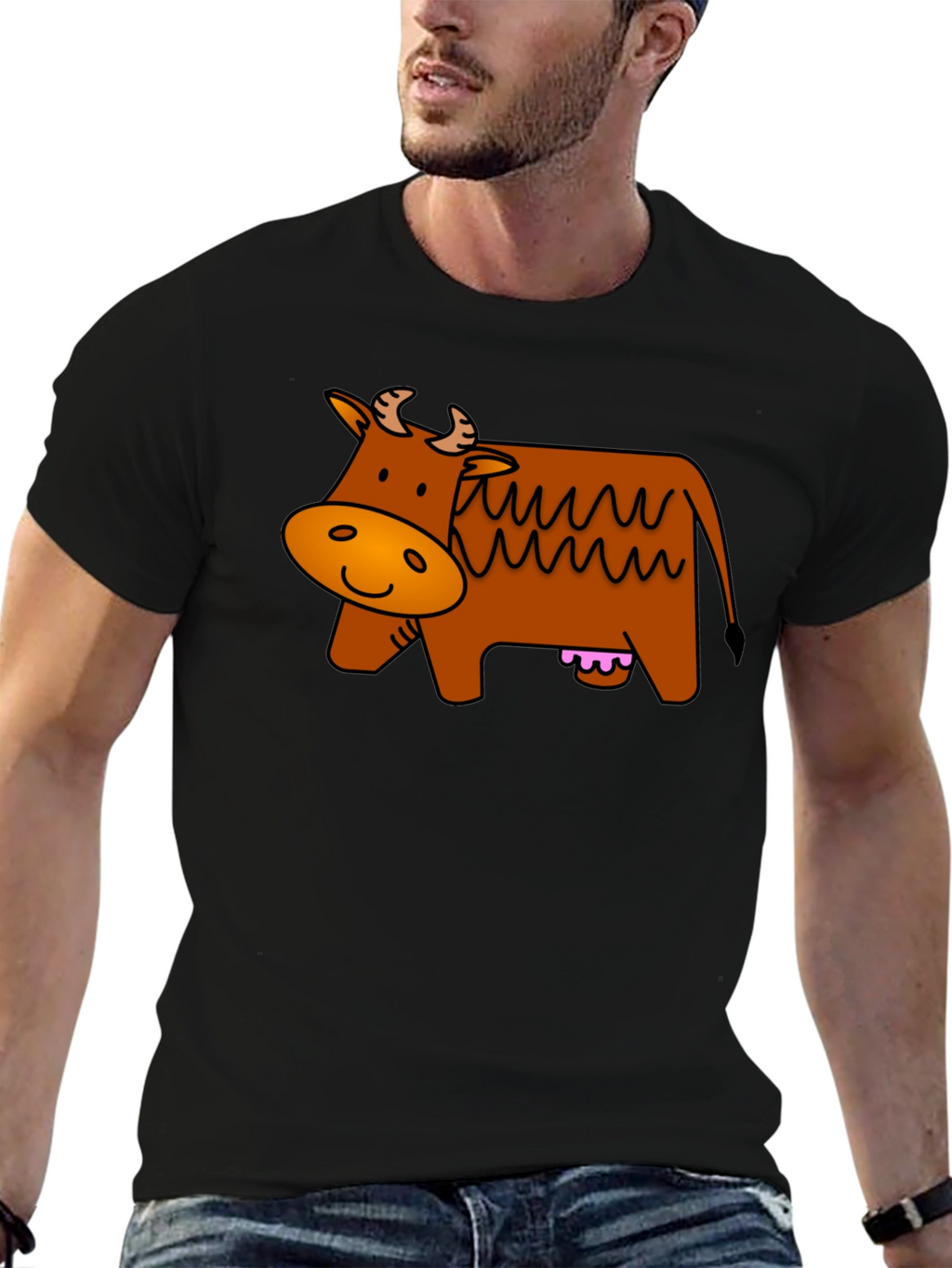 Cartoon Cow Graphic Black T-Shirt