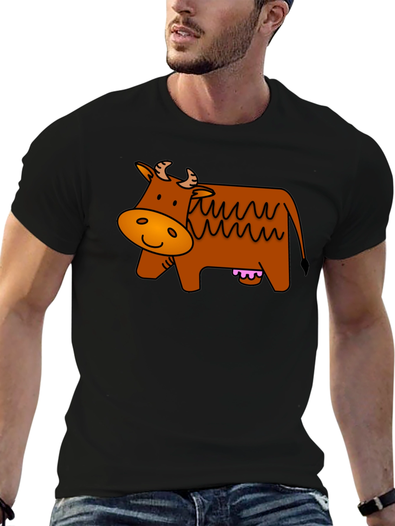 Cartoon Cow Graphic Black T-Shirt