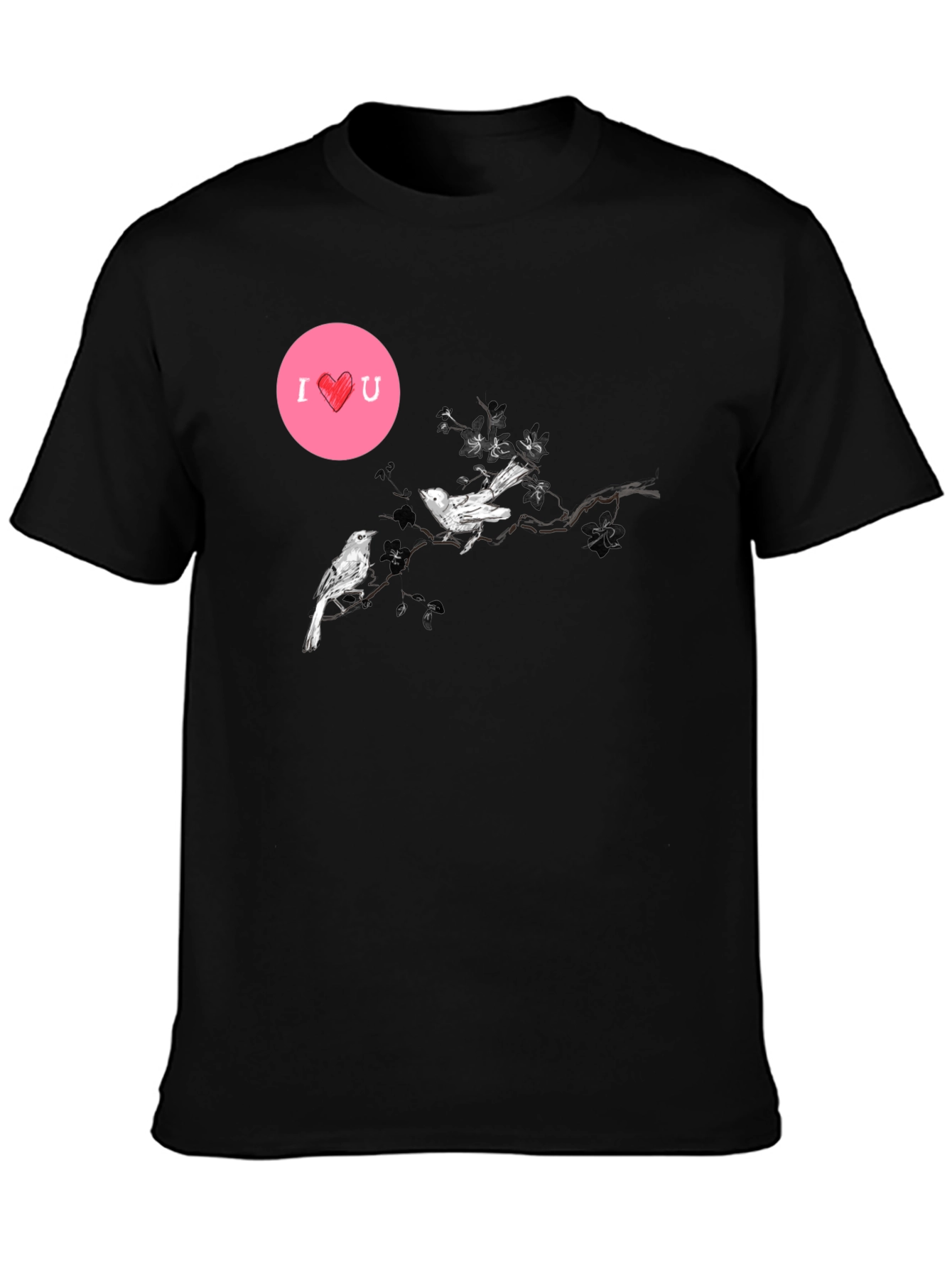 Black Graphic Tee with Birds and I <3 U Design