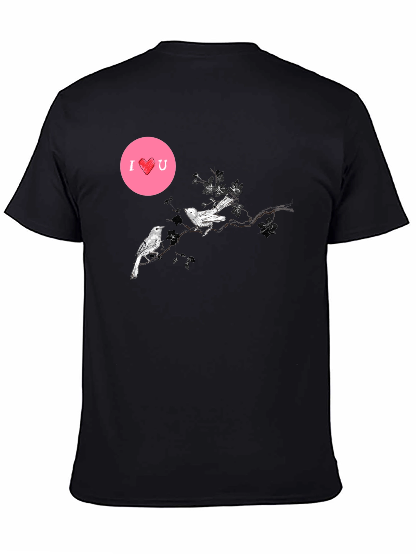 Black Graphic Tee with Birds and I <3 U Design