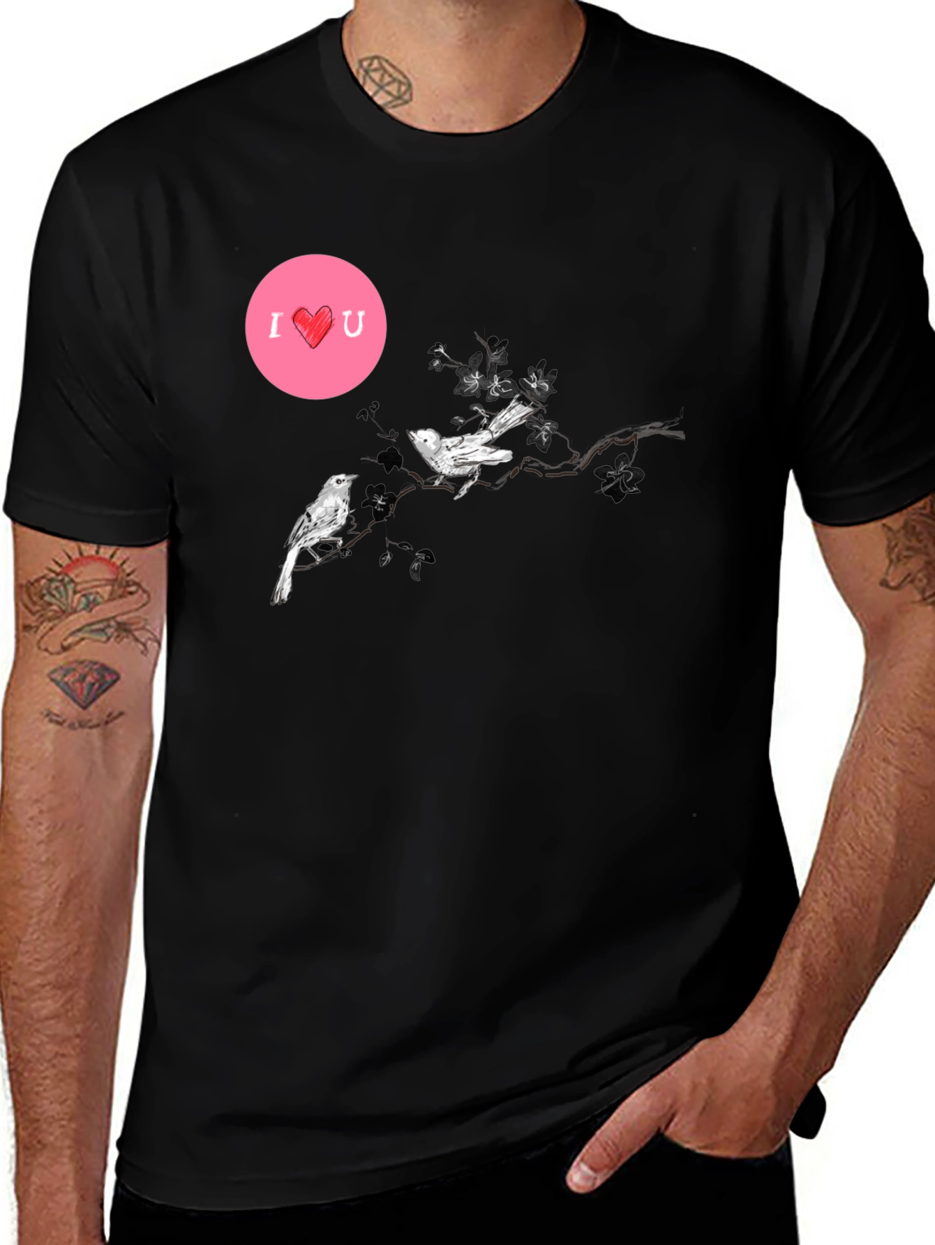 Black Graphic Tee with Birds and I <3 U Design