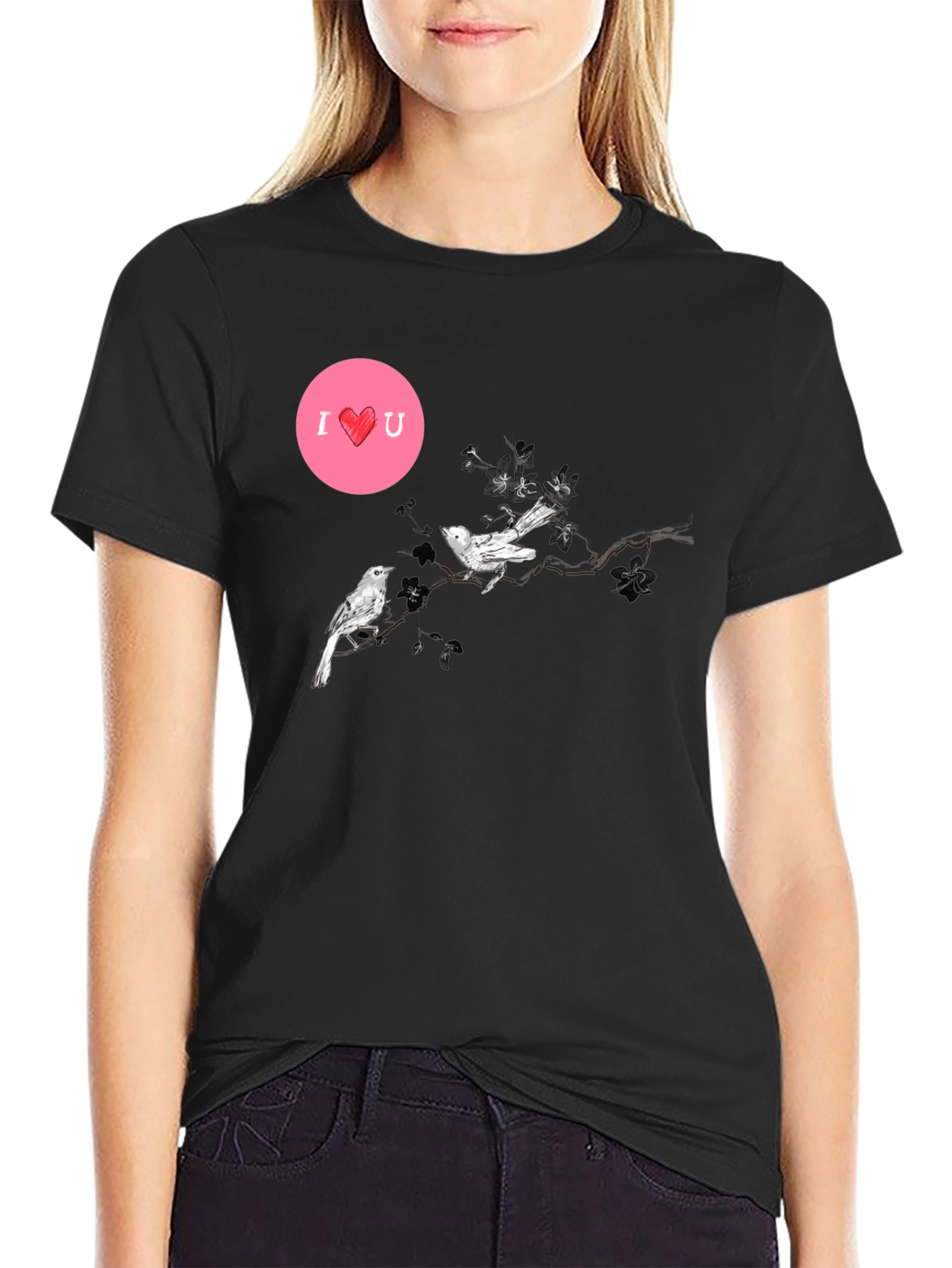 Black Graphic Tee with Birds and I <3 U Design