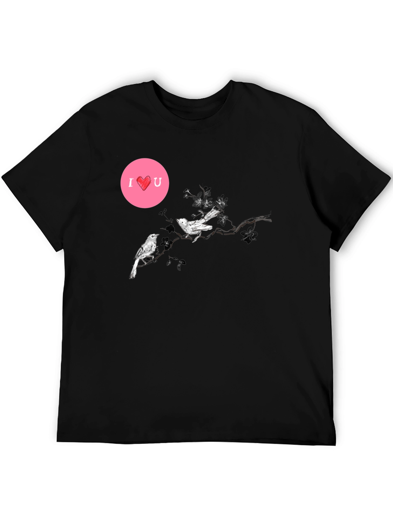 Black Graphic Tee with Birds and I <3 U Design