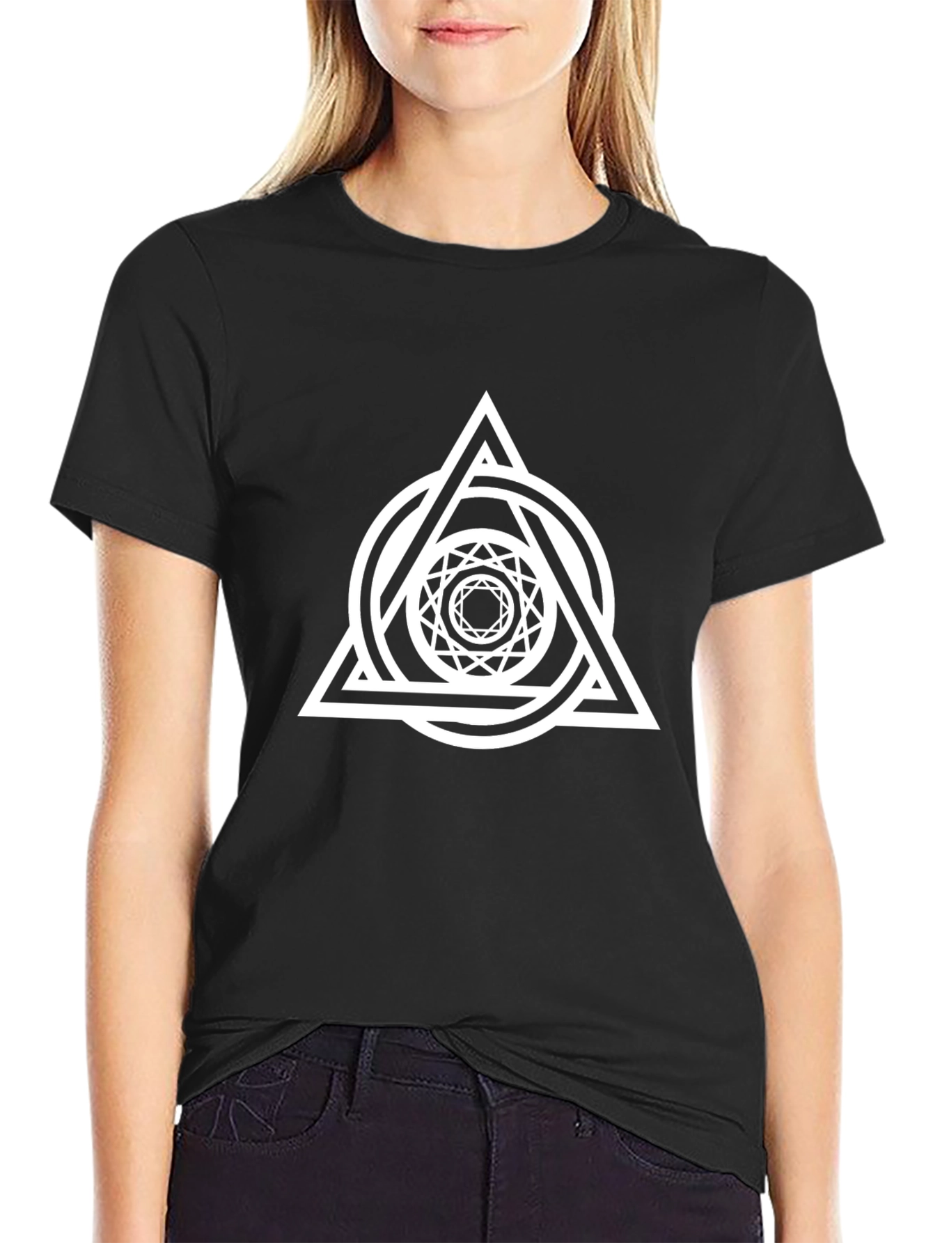 Geometric Triangle Circle Graphic Tee - Black Cotton Blend