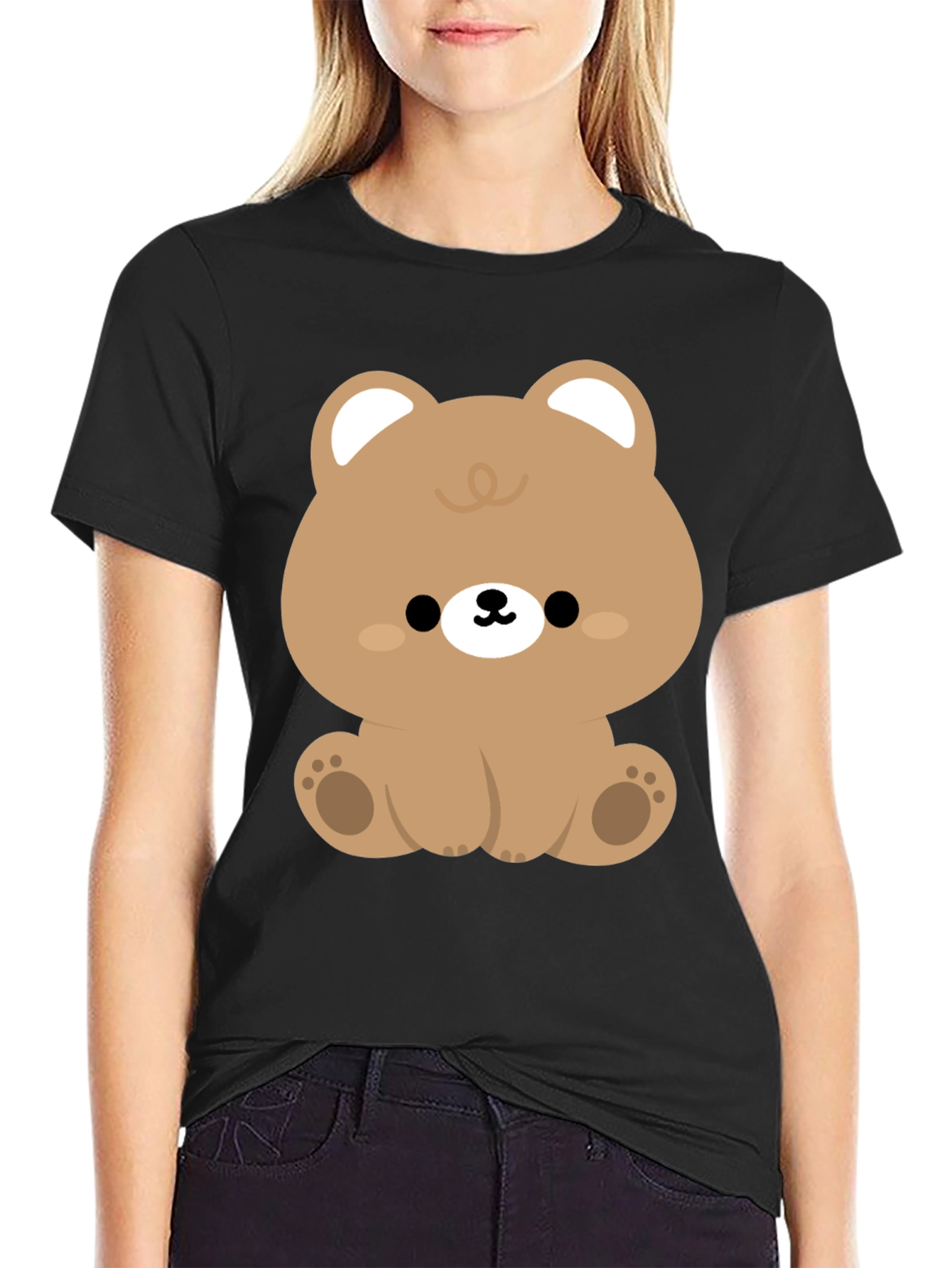 Cute Kawaii Bear Graphic Tee - Black