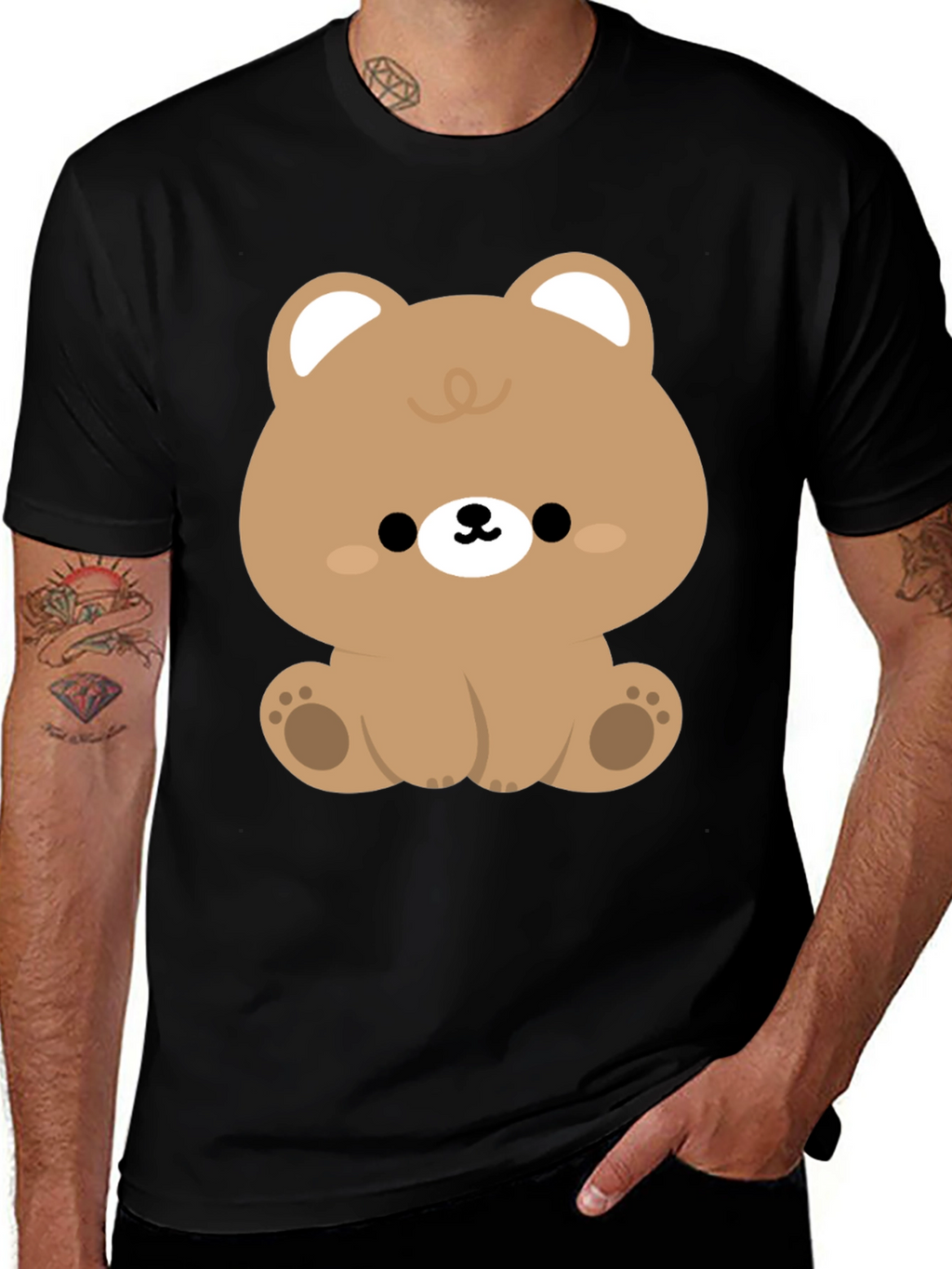 Cute Kawaii Bear Graphic Tee - Black