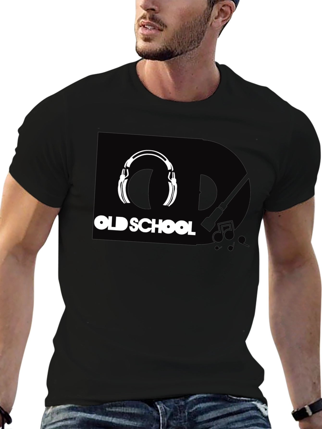 Old School Headphones Graphic Tee - Black Cotton T-Shirt
