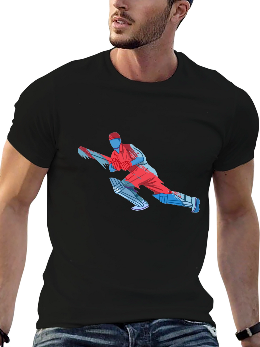 Cricket Player Graphic Tee - Black Cotton