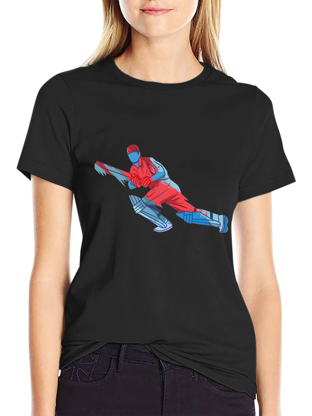 Cricket Player Graphic Tee - Black Cotton
