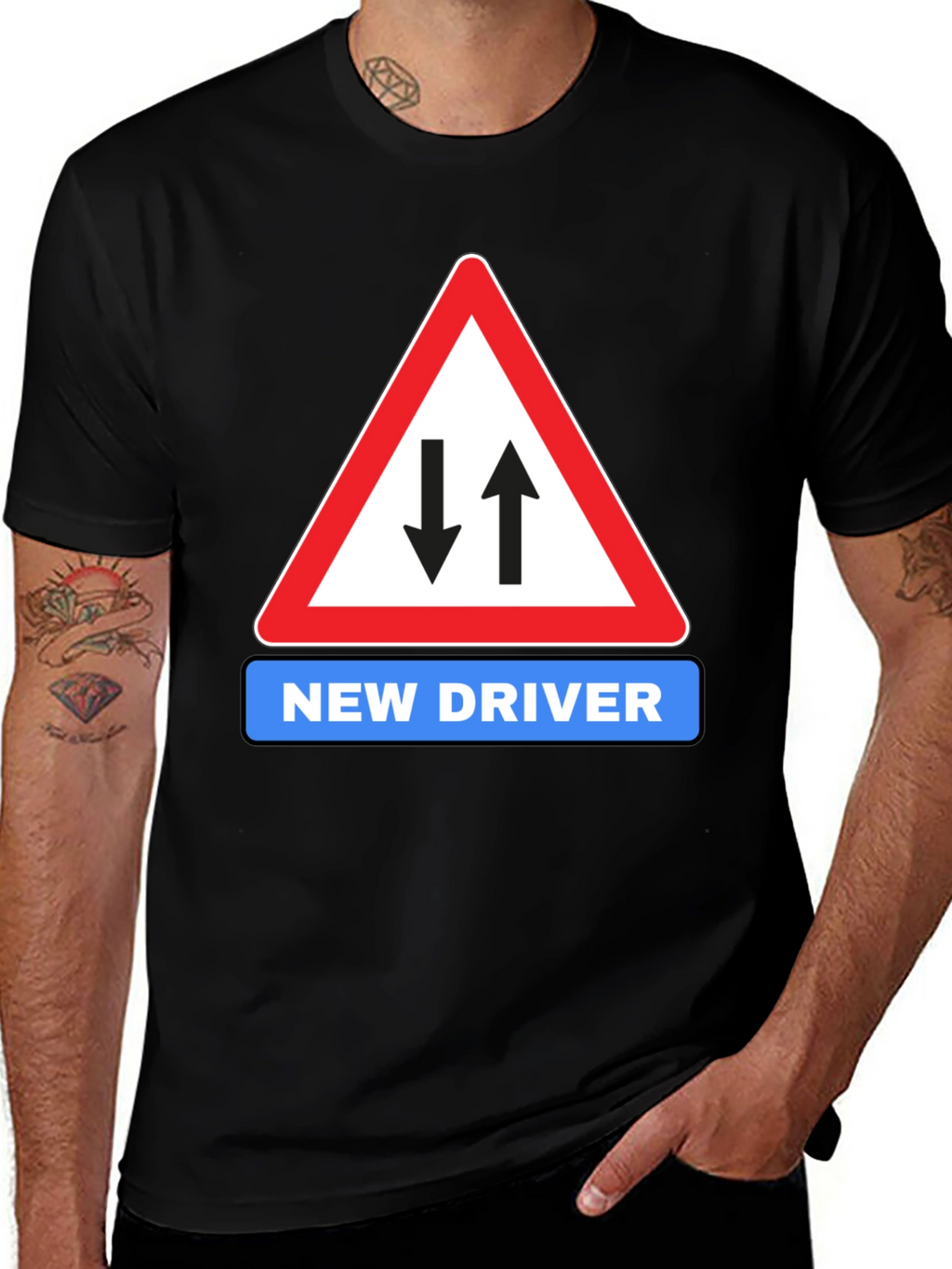 New Driver Road Sign Black T-Shirt