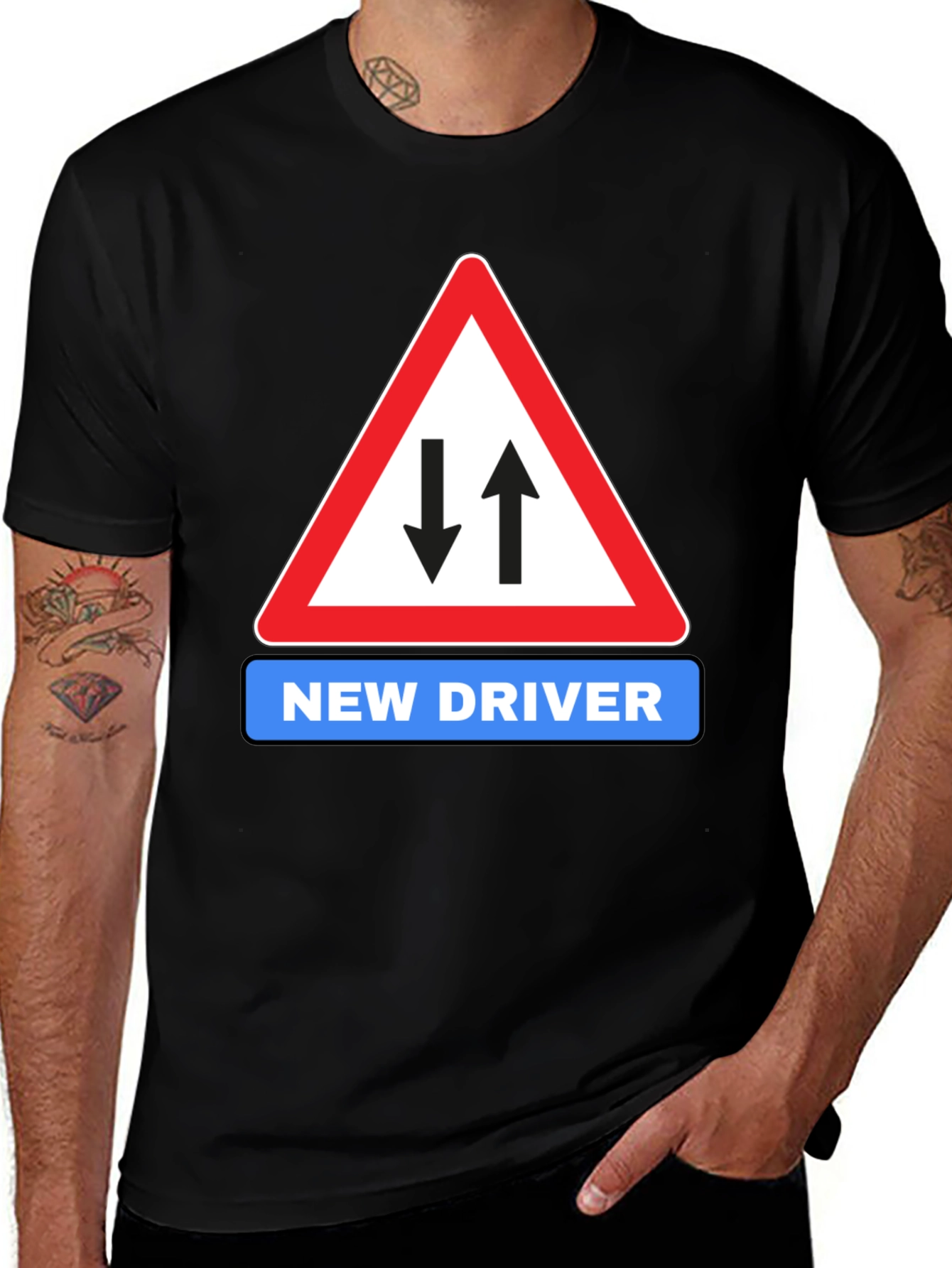 New Driver Road Sign Black T-Shirt