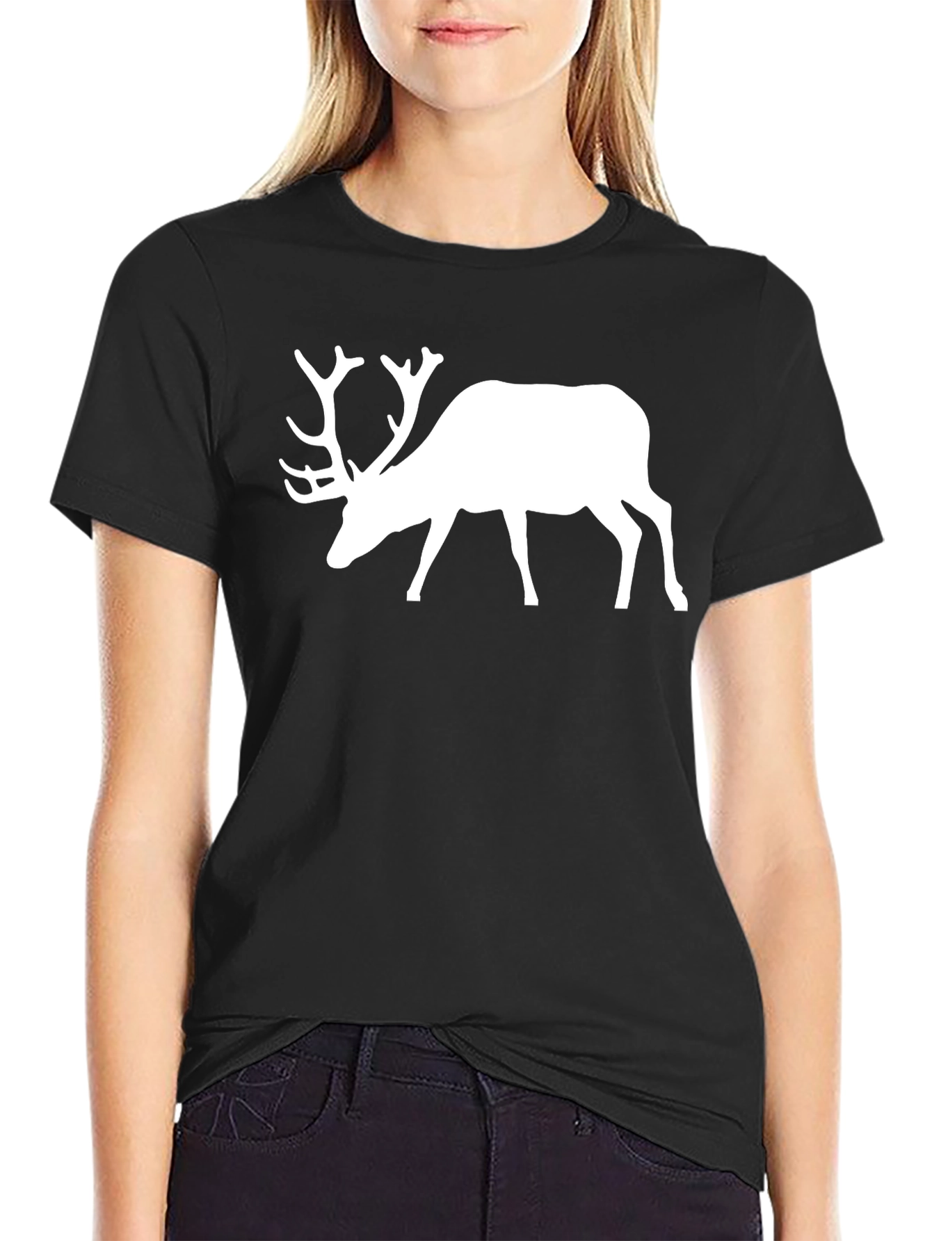 Mens Black T-Shirt with White Deer Graphic