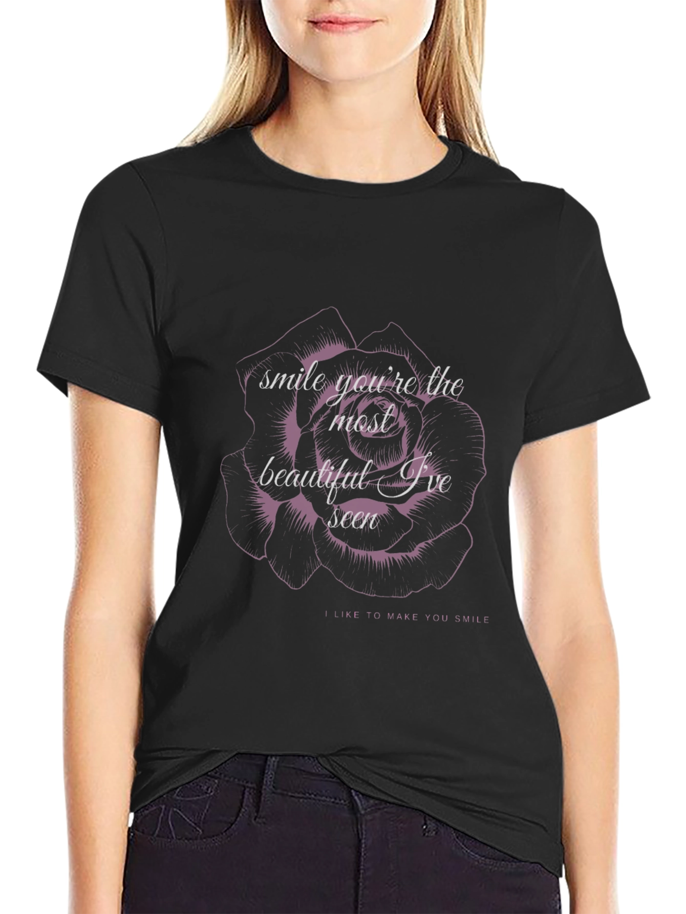 Floral Smile Graphic Tee - Comfortable Black T-Shirt