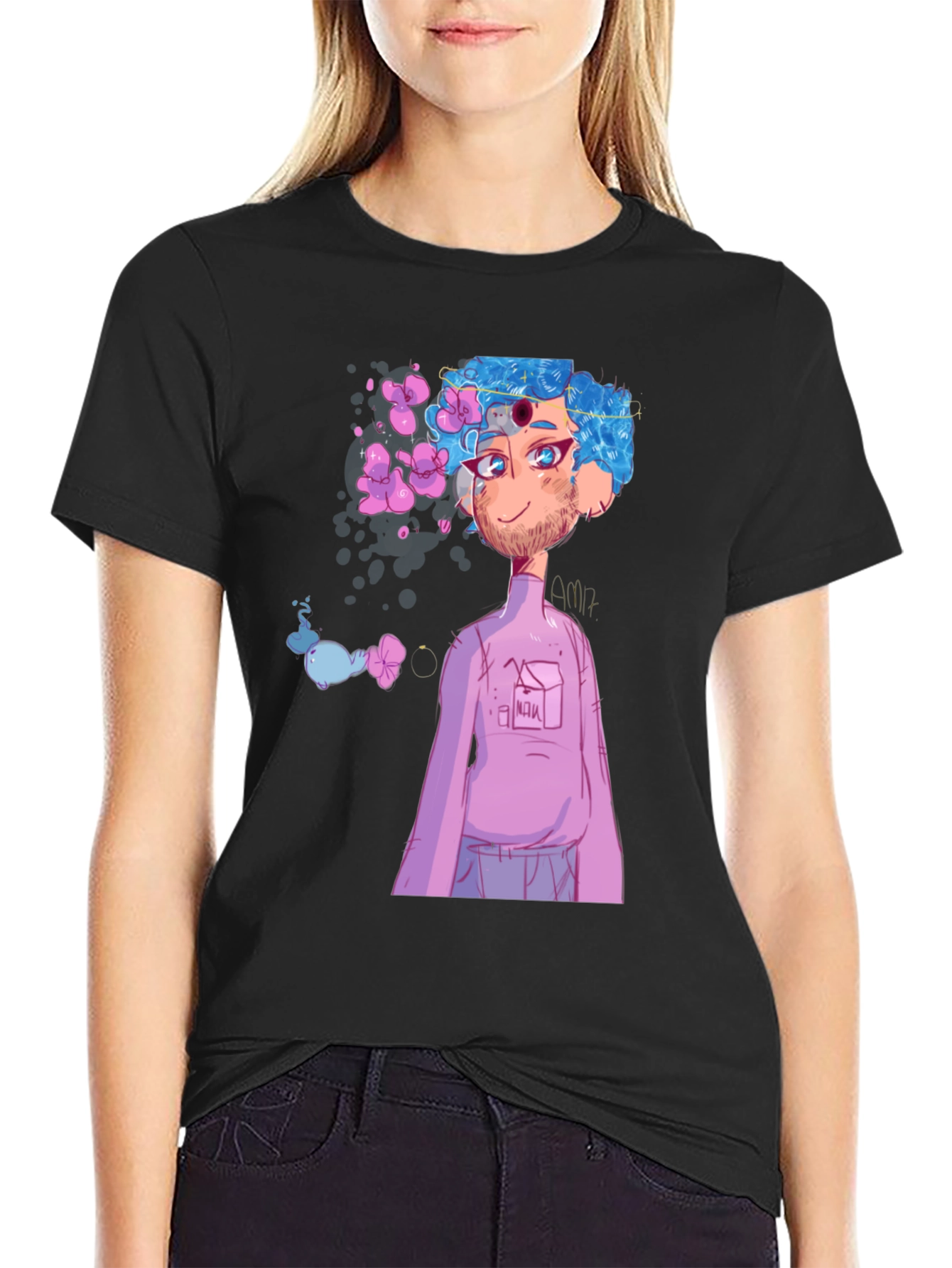 Black T-Shirt with Anime Character Graphic Print
