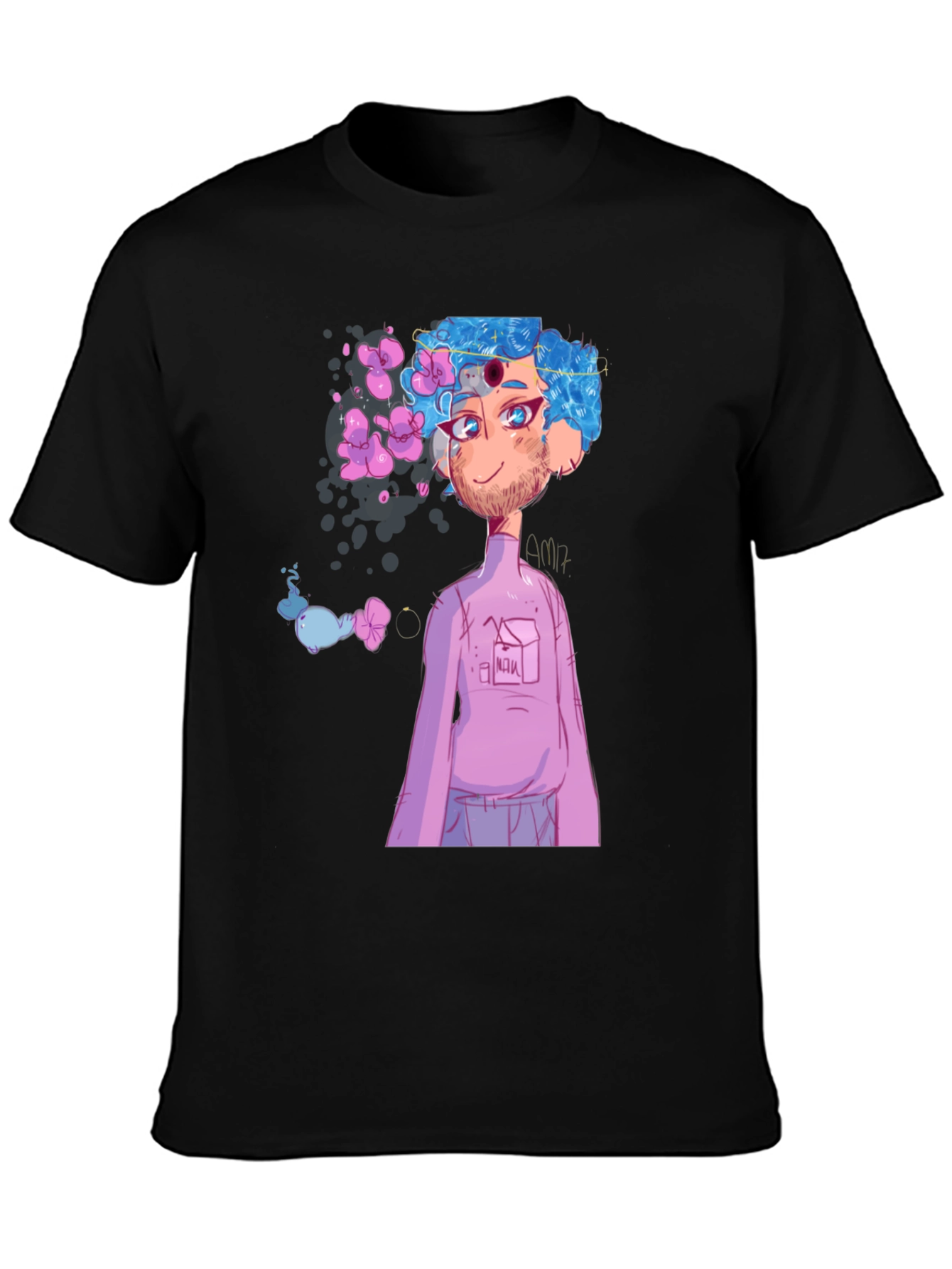 Black T-Shirt with Anime Character Graphic Print