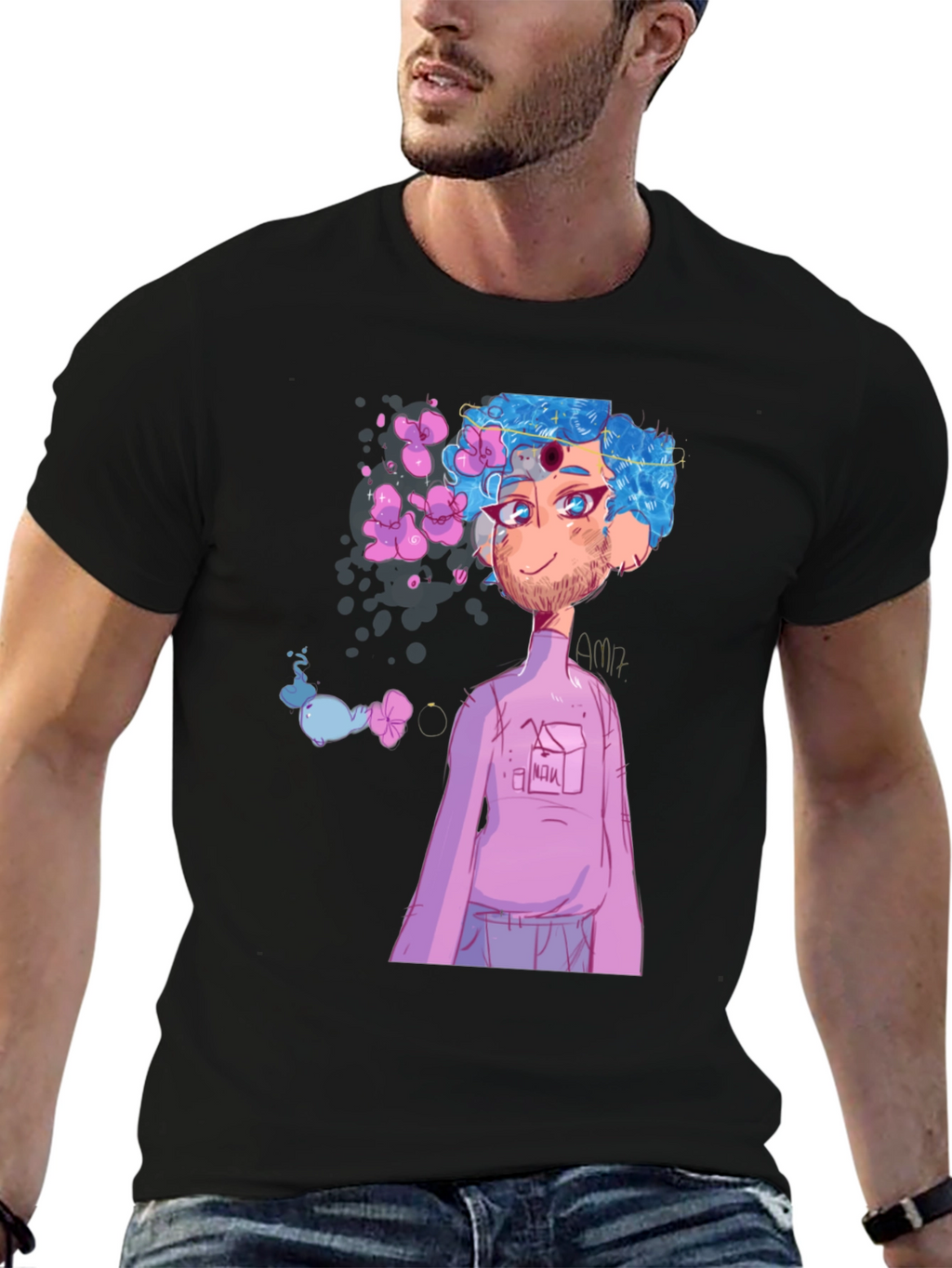 Black T-Shirt with Anime Character Graphic Print