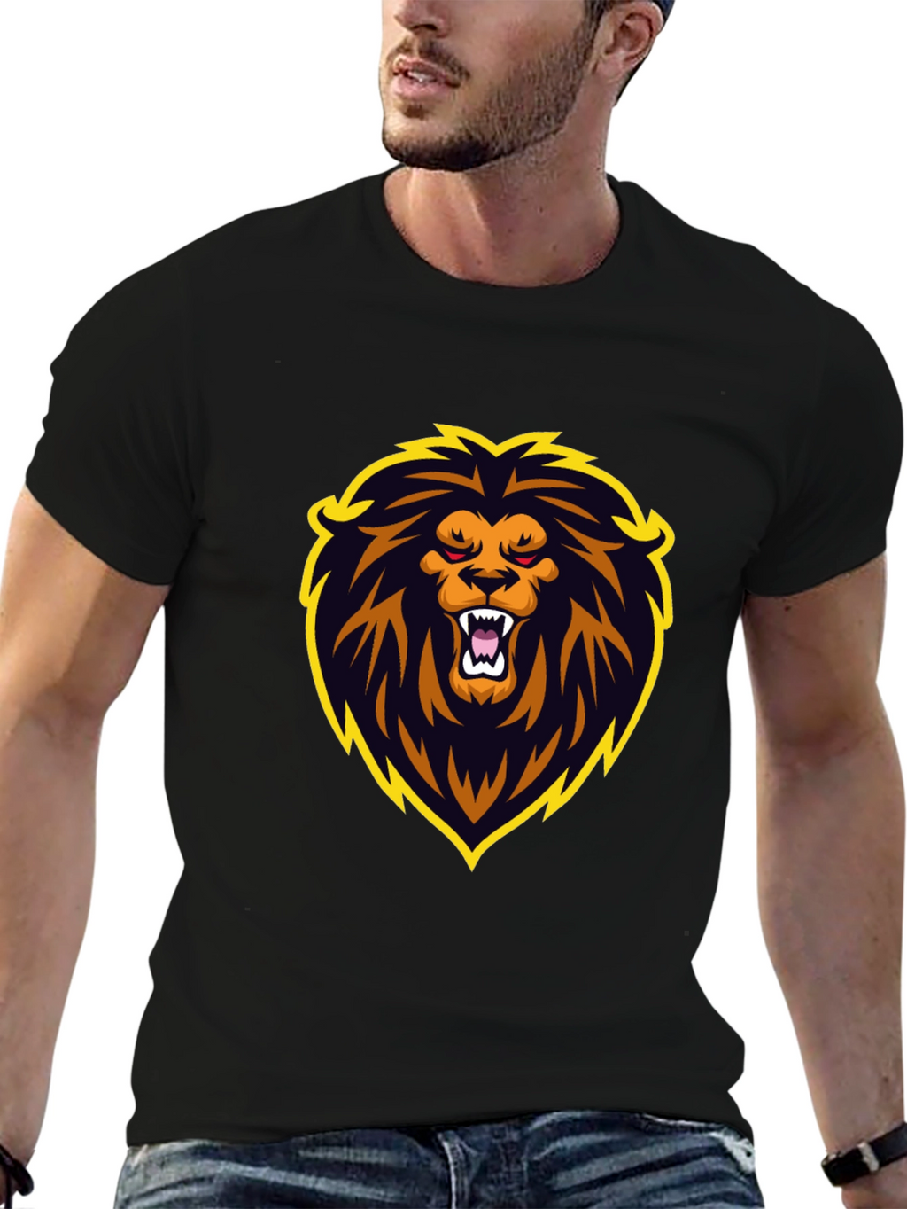 Black T-Shirt with Lion Graphic Design