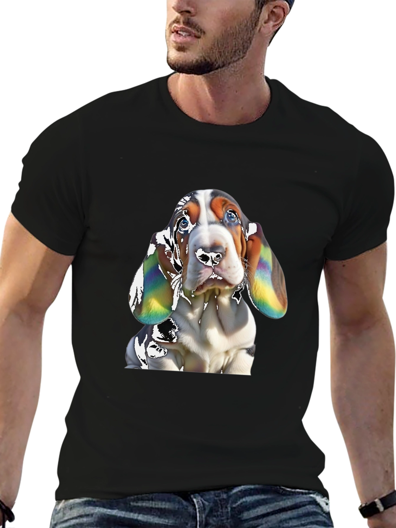 Basset Hound Dog Graphic Print Black T-Shirt