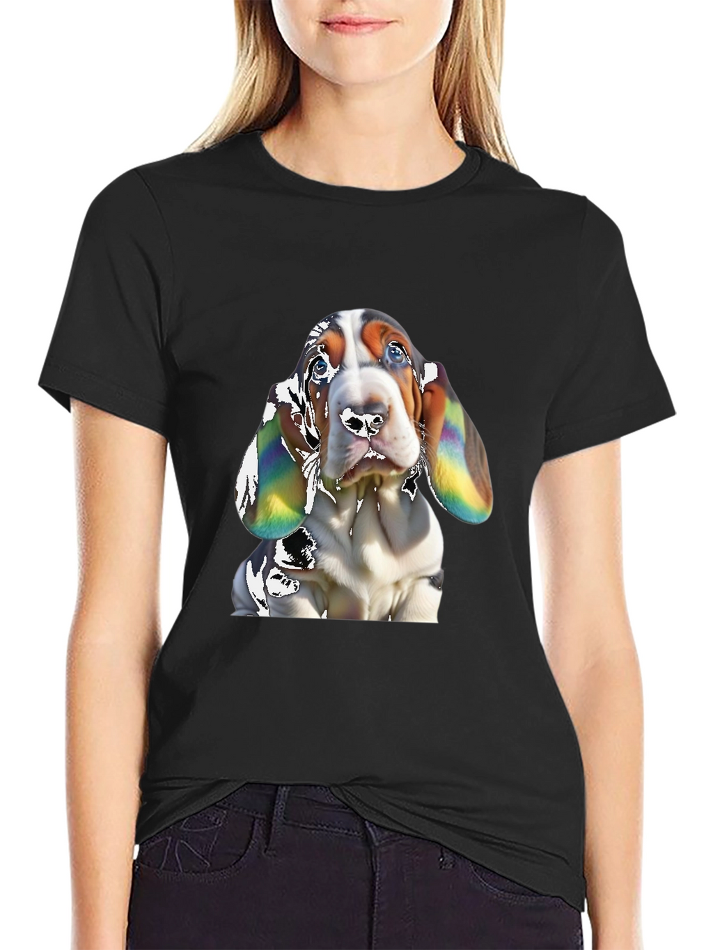 Basset Hound Dog Graphic Print Black T-Shirt