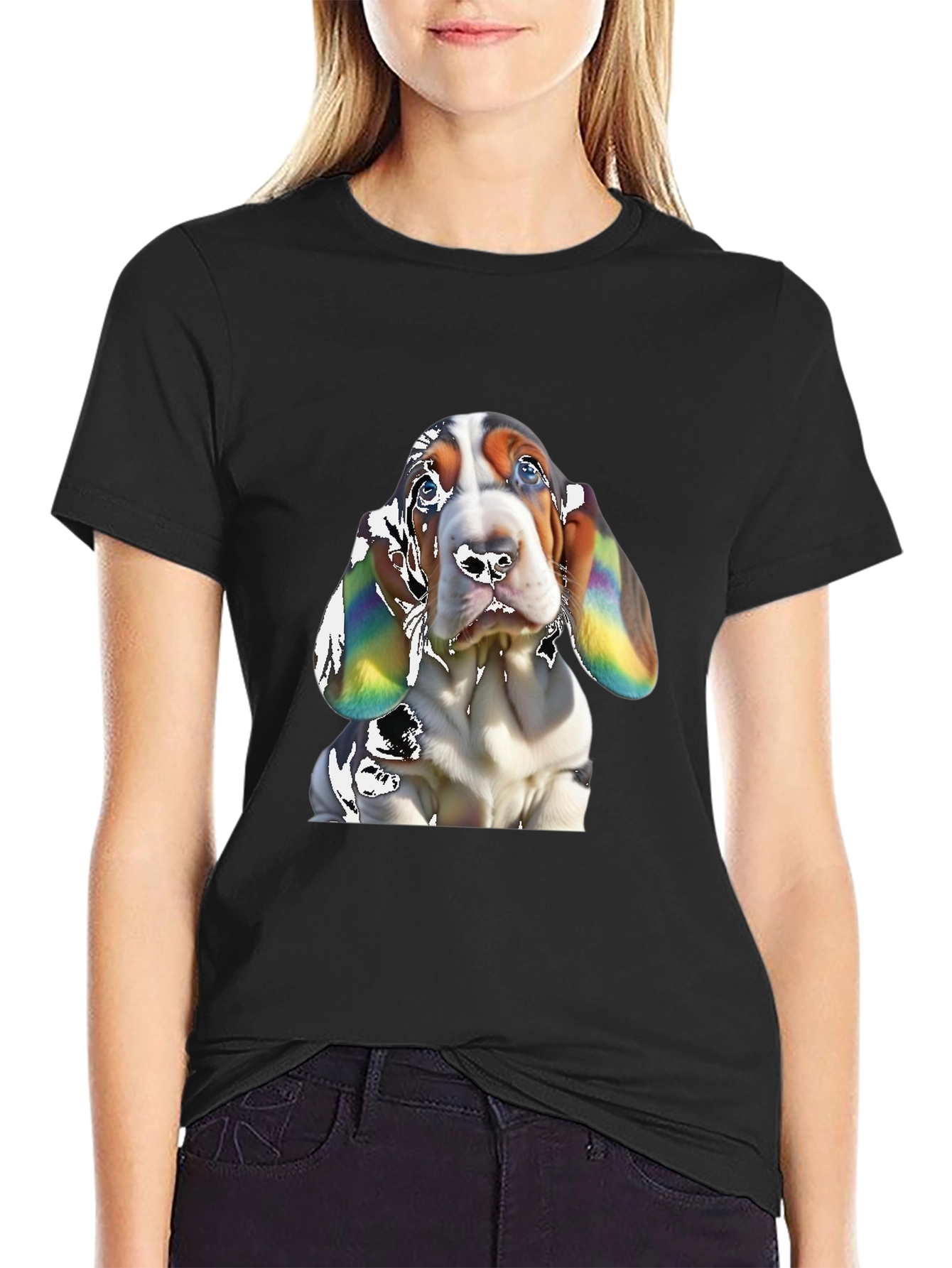 Basset Hound Dog Graphic Print Black T-Shirt