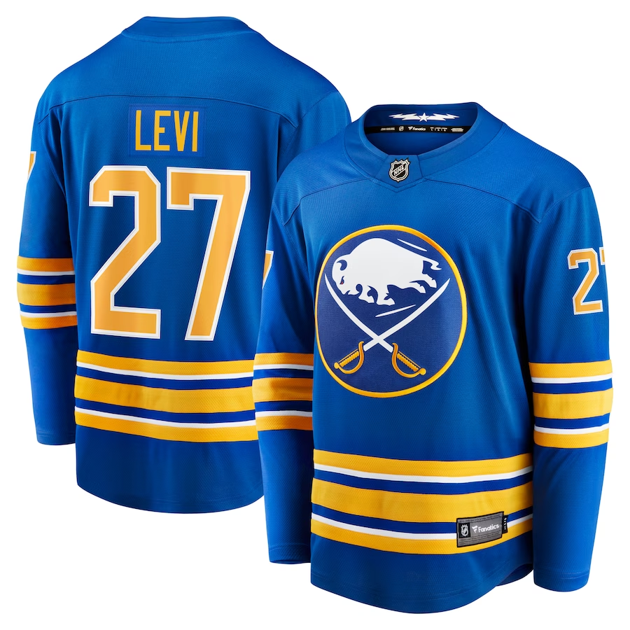 Men's Buffalo Sabres devon levi #27 Royal Replica Game Jerseys