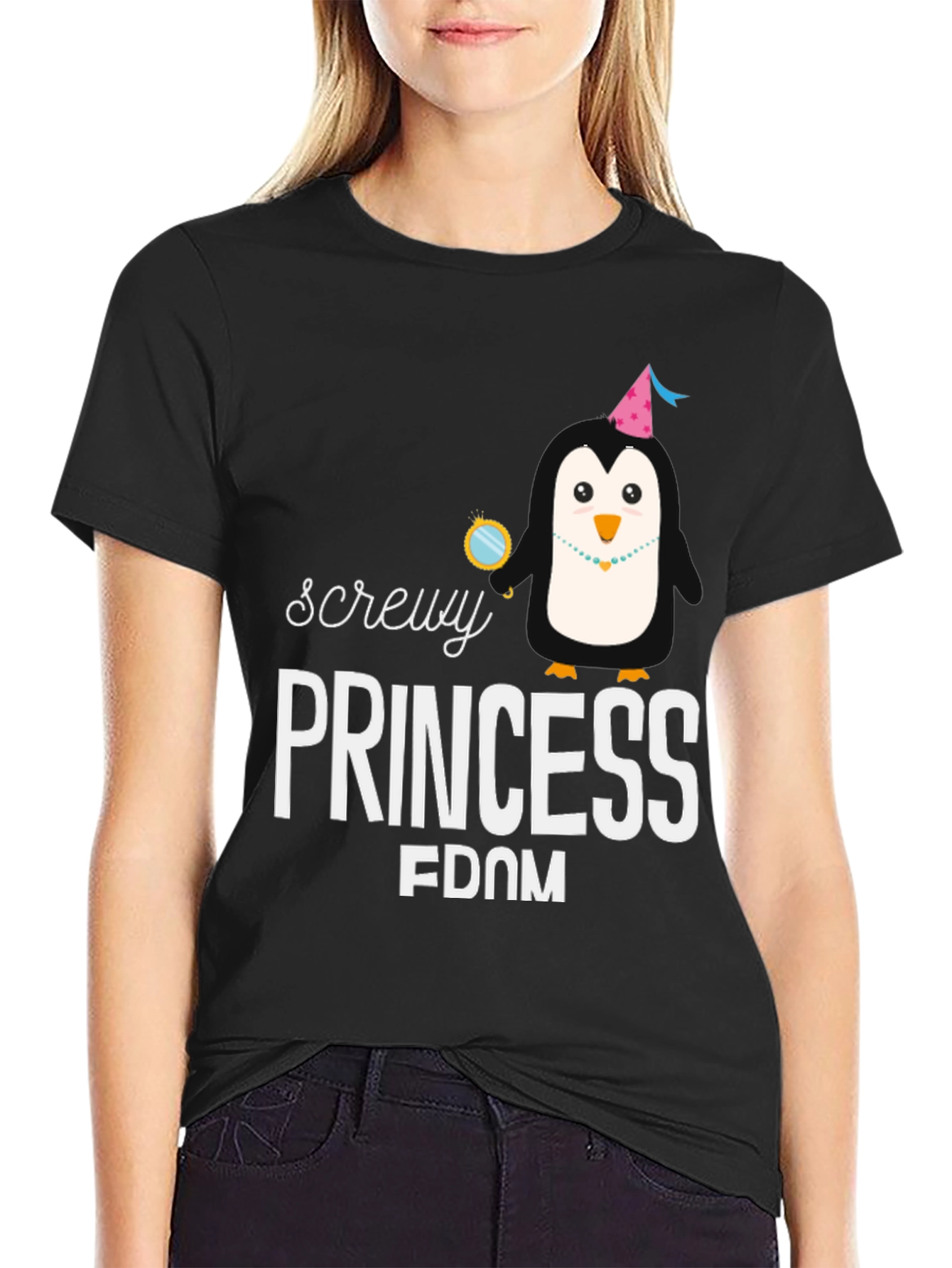Screw Princessdom T-Shirt with Penguin Graphic