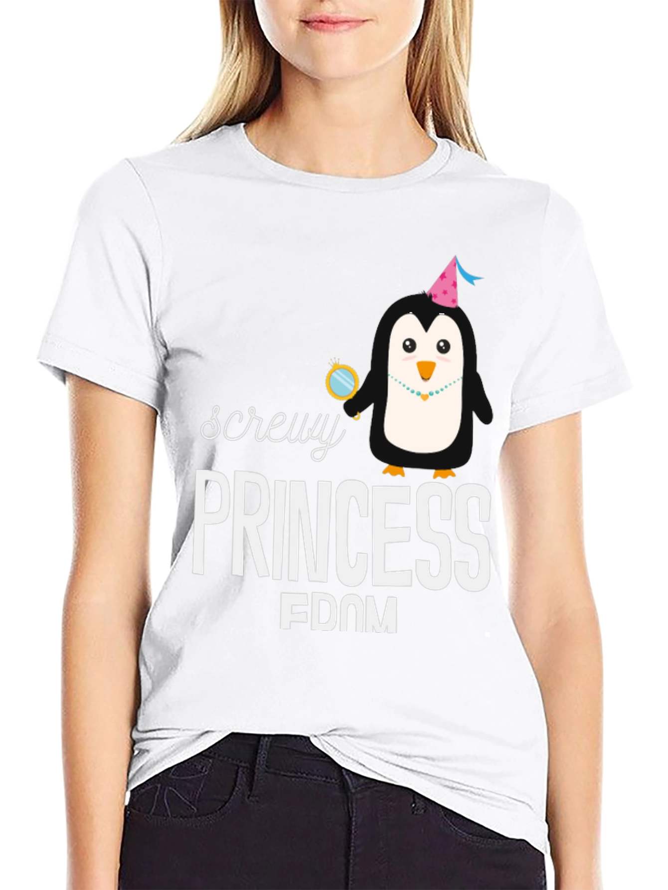 Screw Princessdom T-Shirt with Penguin Graphic