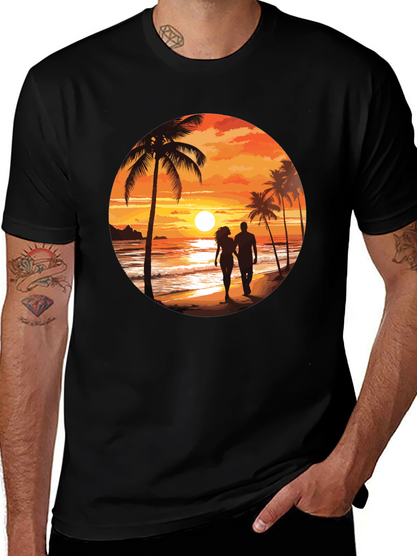 Sunset Beach Couple Graphic Tee - Soft Black Cotton T-Shirt