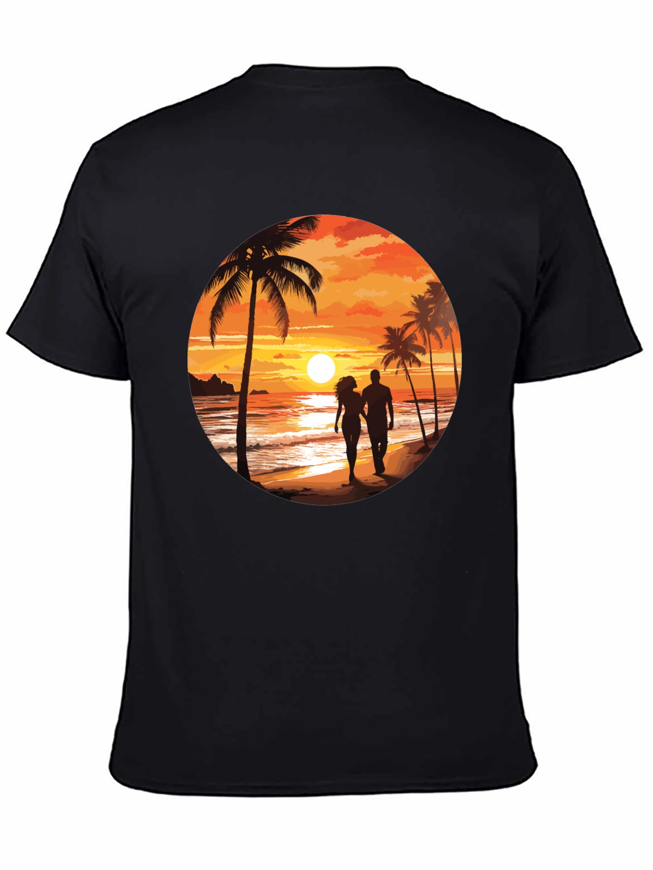 Sunset Beach Couple Graphic Tee - Soft Black Cotton T-Shirt