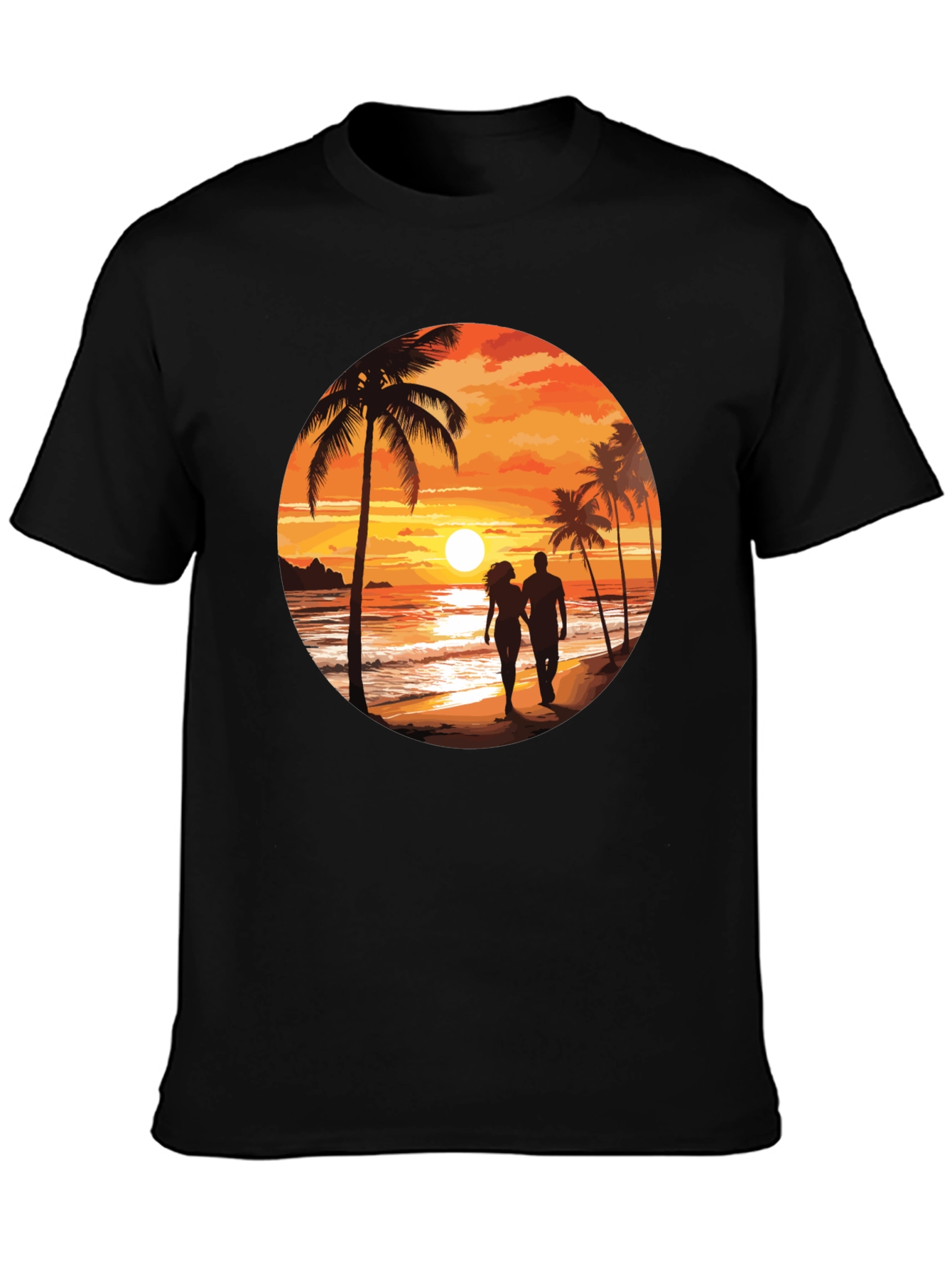 Sunset Beach Couple Graphic Tee - Soft Black Cotton T-Shirt
