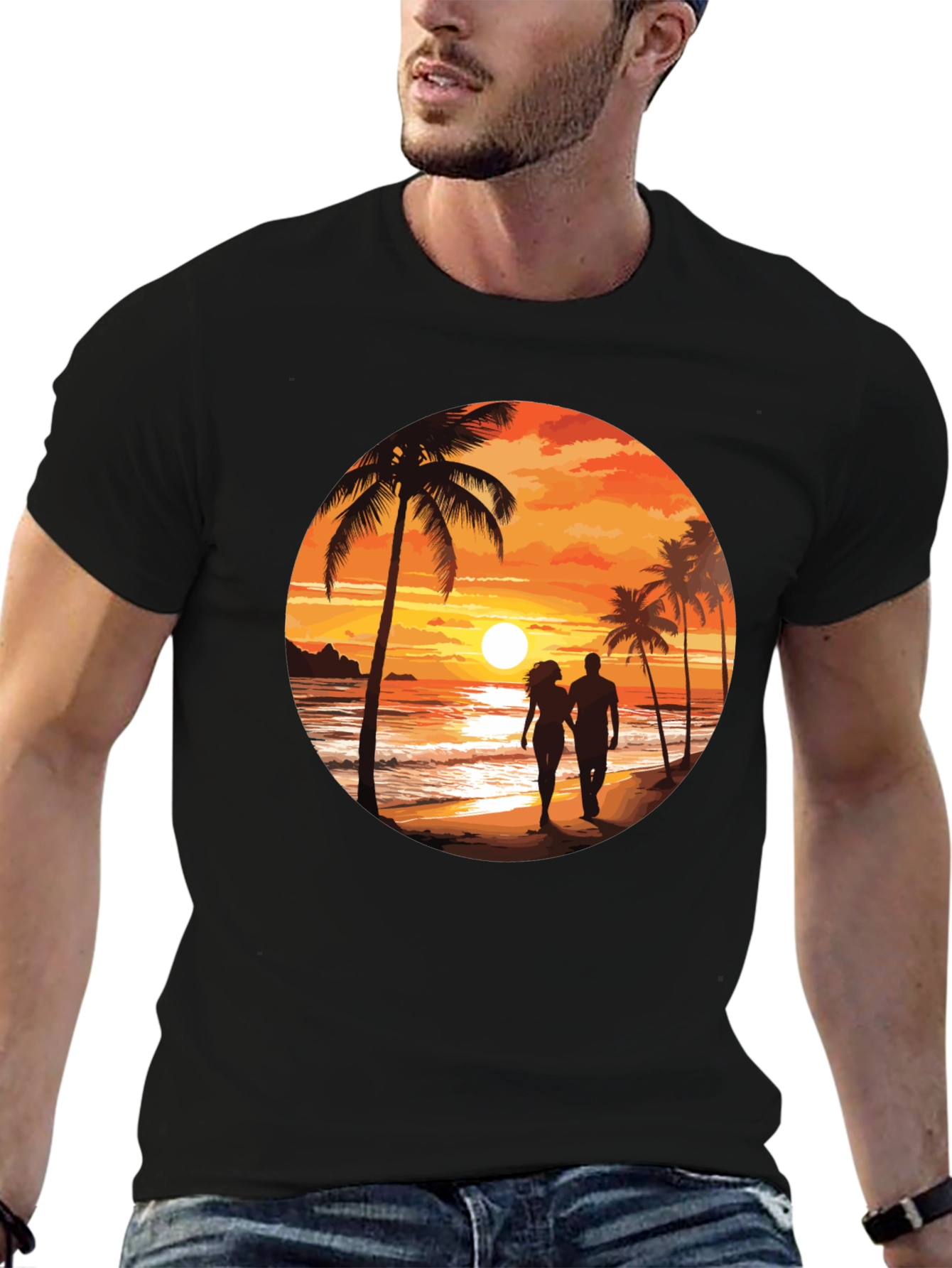 Sunset Beach Couple Graphic Tee - Soft Black Cotton T-Shirt