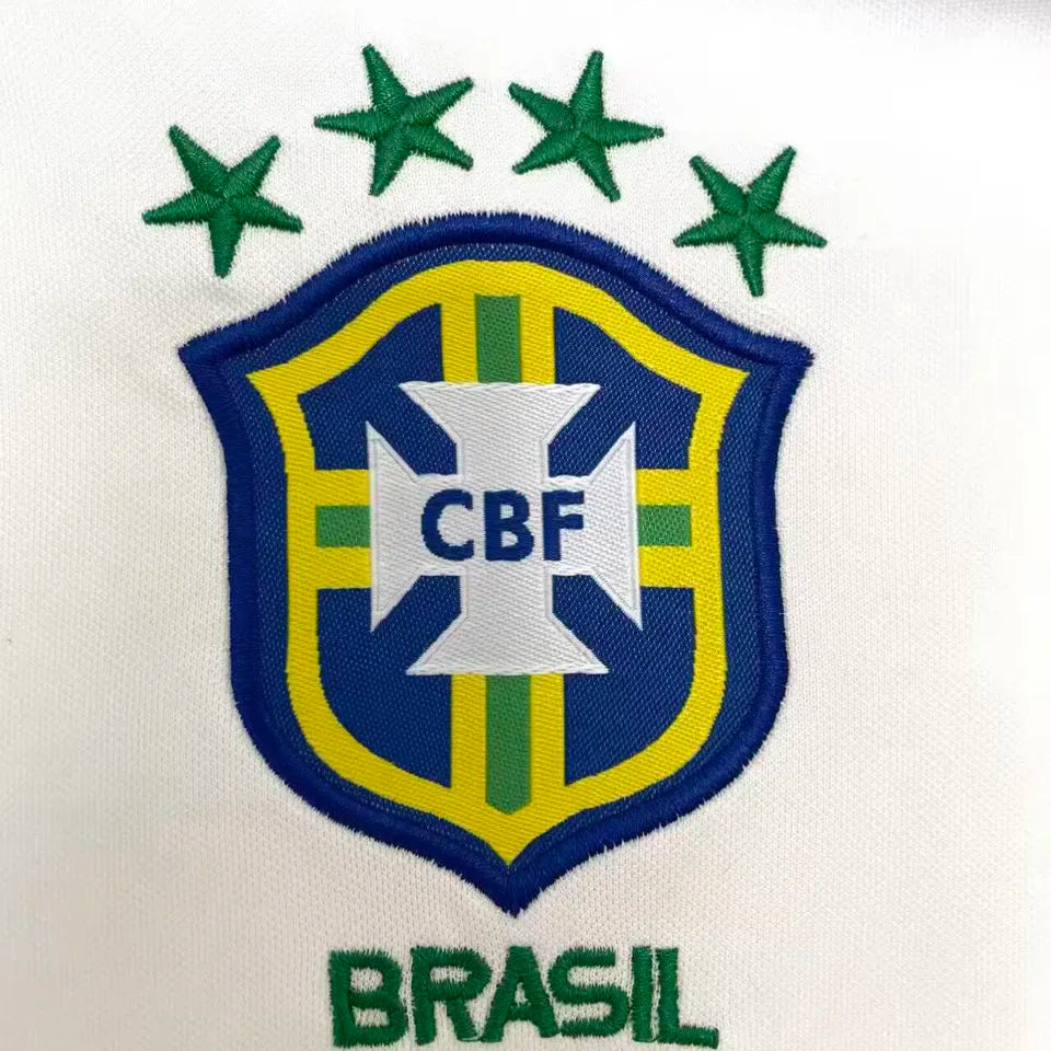 1998 Brazil White Retro Long Sleeve Soccer Jersey Detail 2