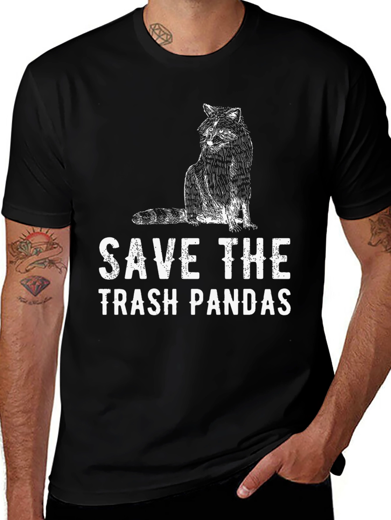Save The Trash Pandas T-Shirt - Black Crew Neck