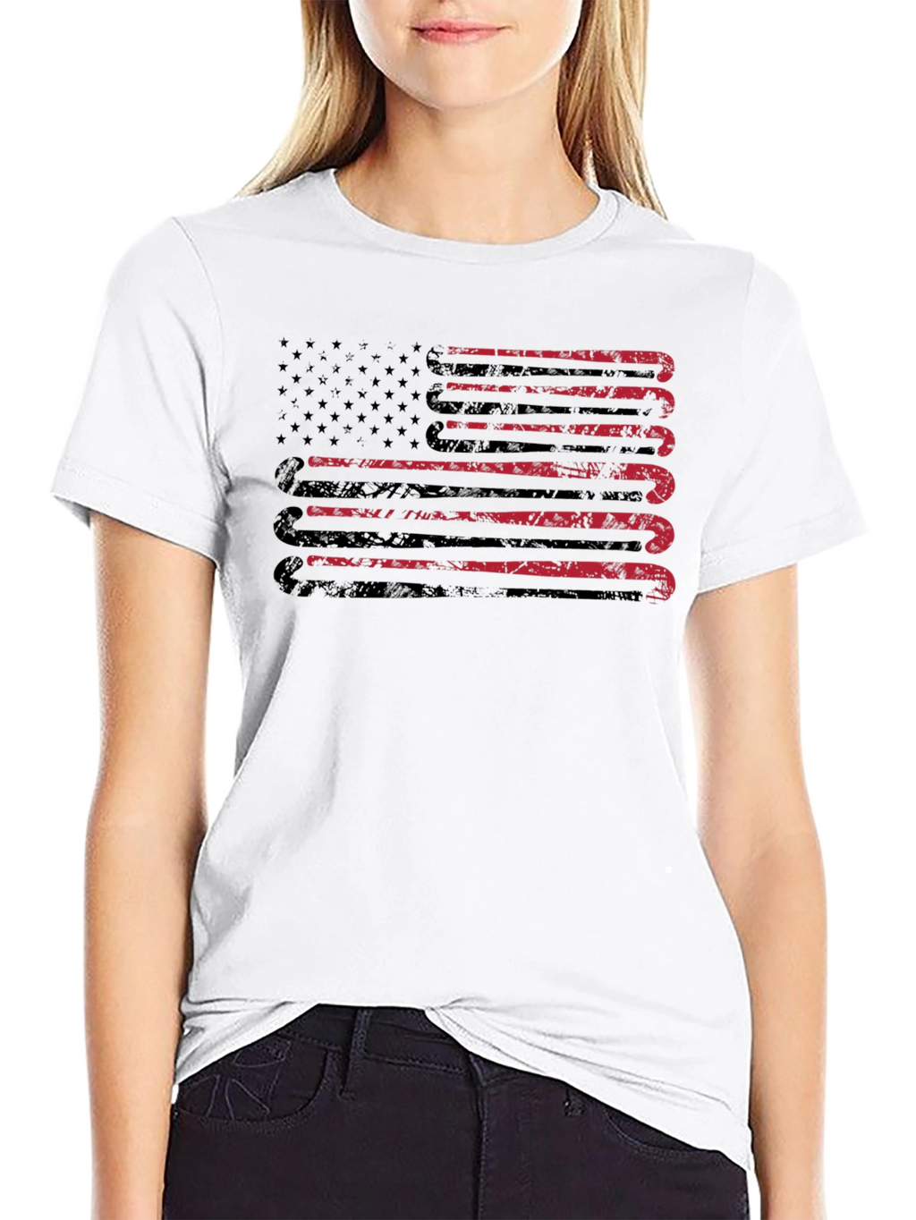 Distressed Hockey Sticks USA Flag Graphic T-Shirt