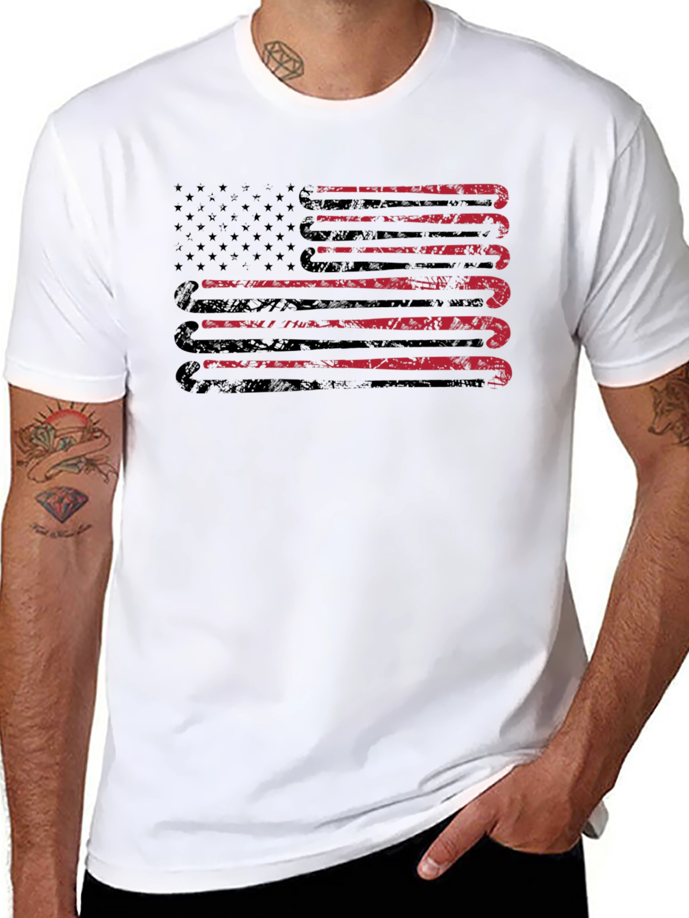 Distressed Hockey Sticks USA Flag Graphic T-Shirt