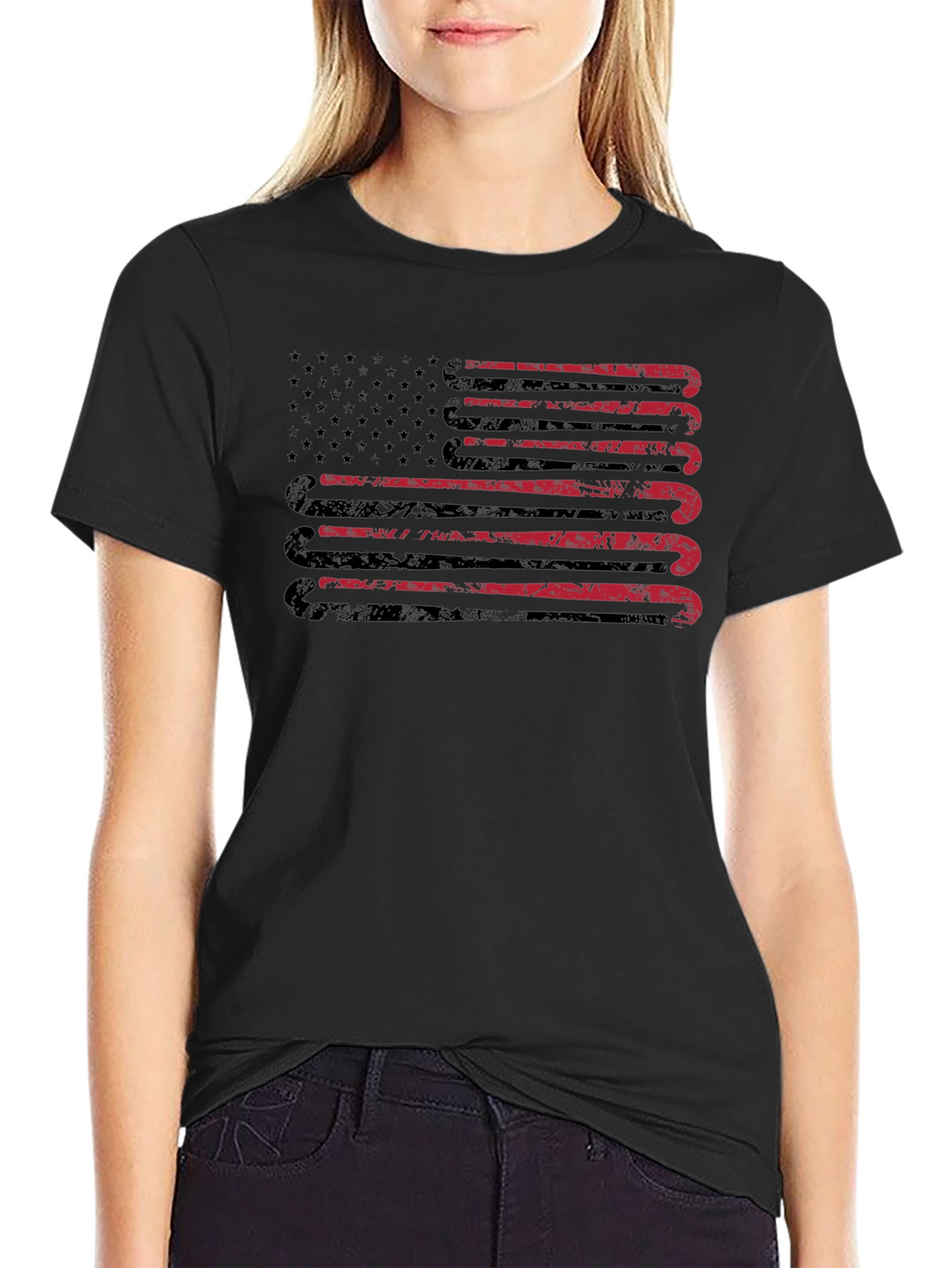 Distressed Hockey Sticks USA Flag Graphic T-Shirt