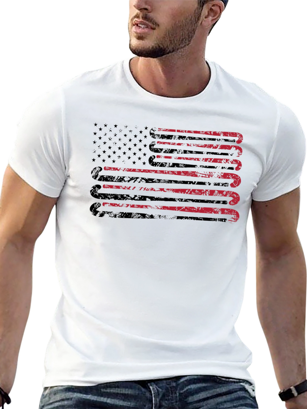 Distressed Hockey Sticks USA Flag Graphic T-Shirt
